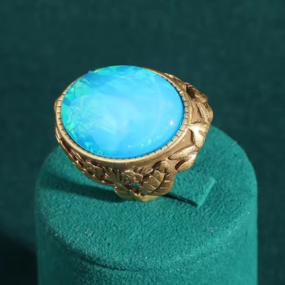 Antique Blue Opal Gemstone Brass Ring Museum-Quality Treasure - Picture 6 of 6